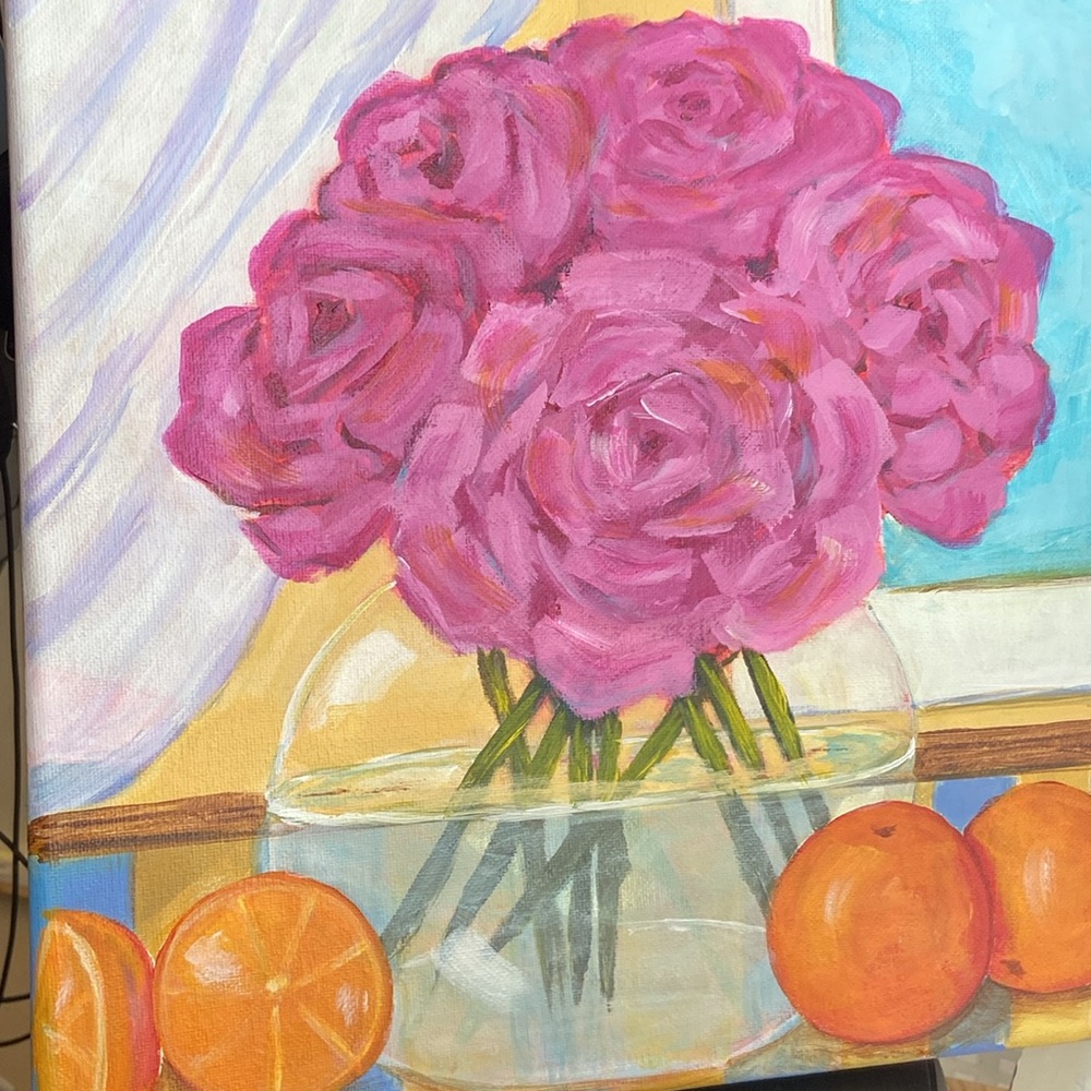 Hand Crafted Pink and Floral Painting Blossoming Citrus: Kitchen Still Life